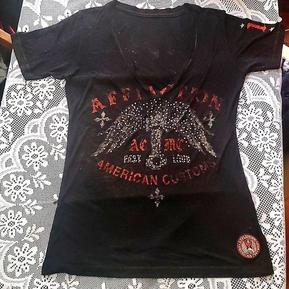 Affliction, Black and Orange Burnout V-Neck Short Sleeve T-Shirt, Size L… - Picture 1 of 8